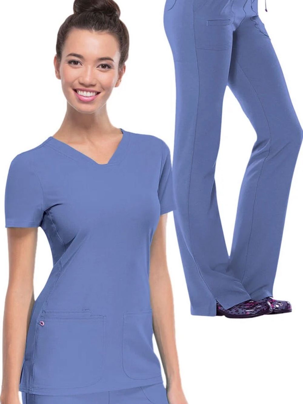 HeartSoul Periwinkle V-Neck Scrub Top with Pink Trim